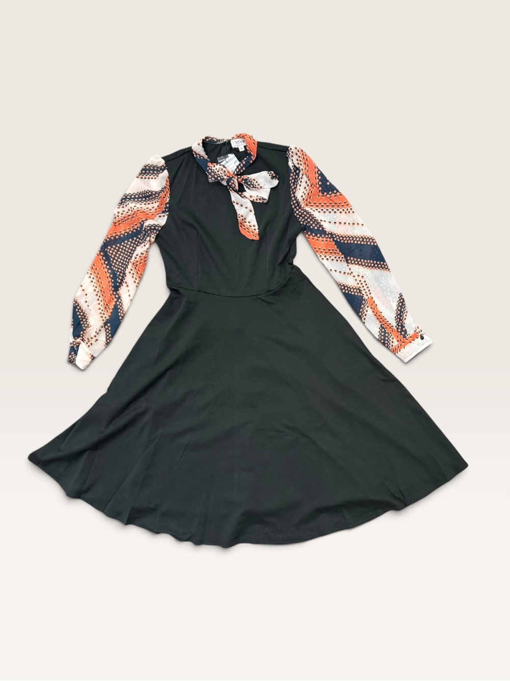 Tulip B Dark olive green Fit-and-Flare Dress with Orange Patterned Tie Medium - Picture 3 of 6